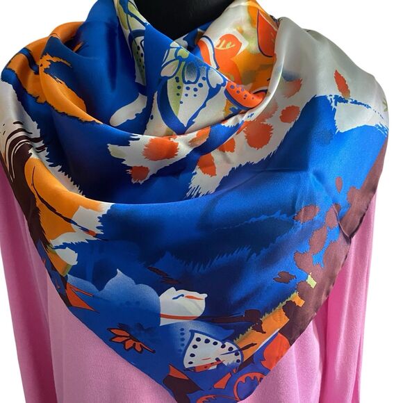 100% Silk Scarf Multicolor Floral Vibrant Square 34x34” Boho Vibrant Party - Picture 1 of 7